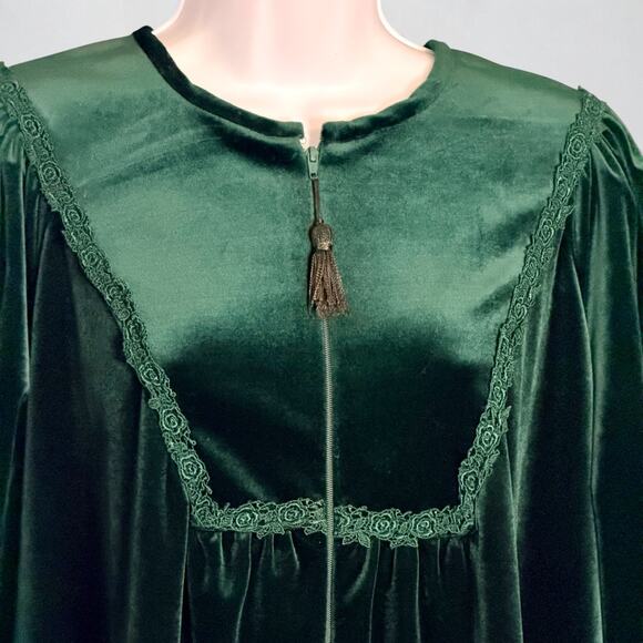 Vintage 80s Jasmine Rose Velvet Robe Small Tassel Zip Long Cottage Loungewear - Picture 5 of 9